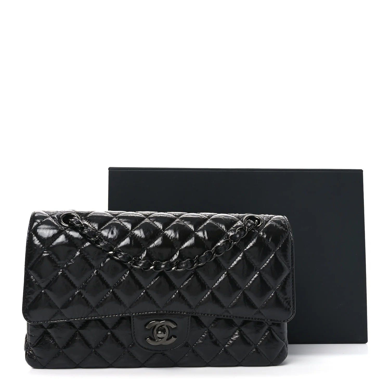 Shiny Crumpled Calfskin Quilted Medium Double Flap so Black