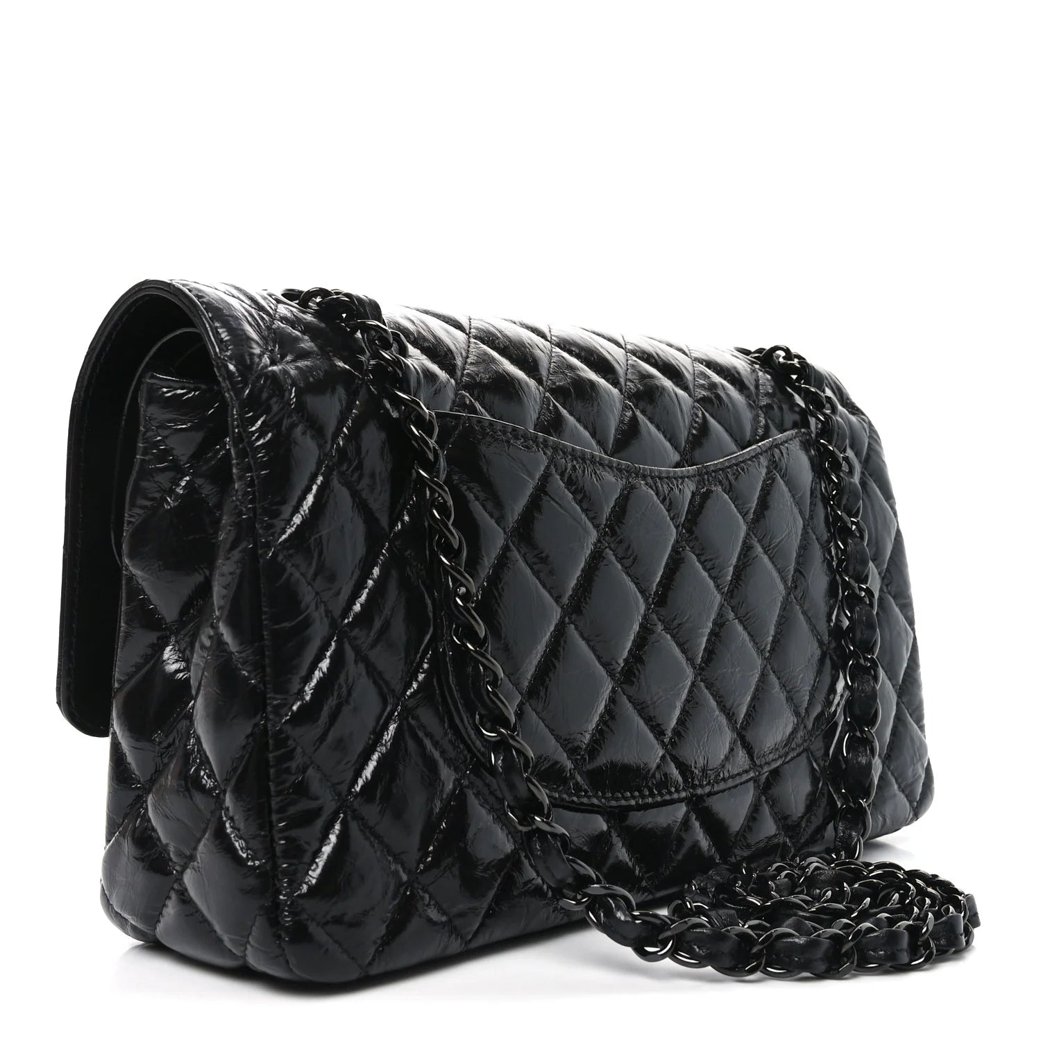 Shiny Crumpled Calfskin Quilted Medium Double Flap so Black