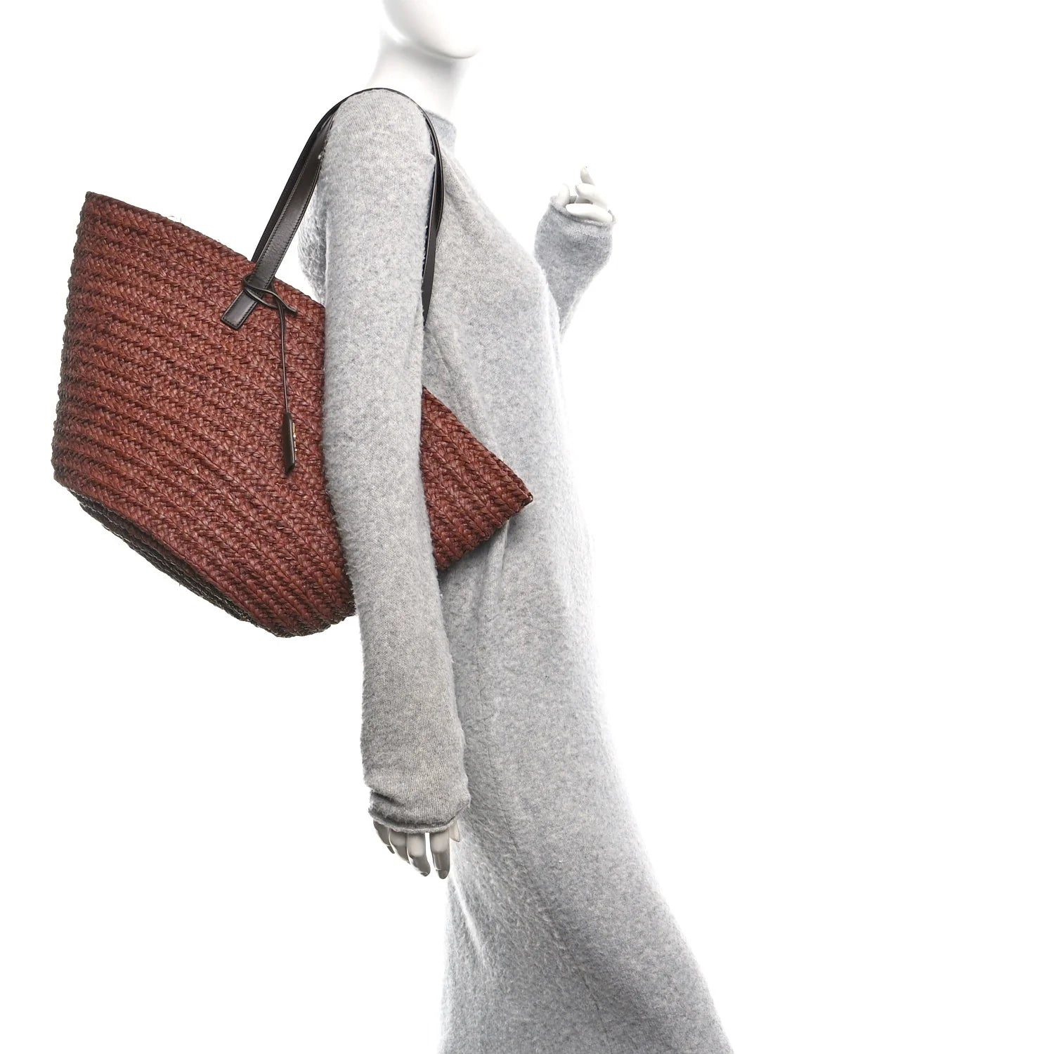 Raffia Calfskin Medium Panier Tote Dark Chocolate