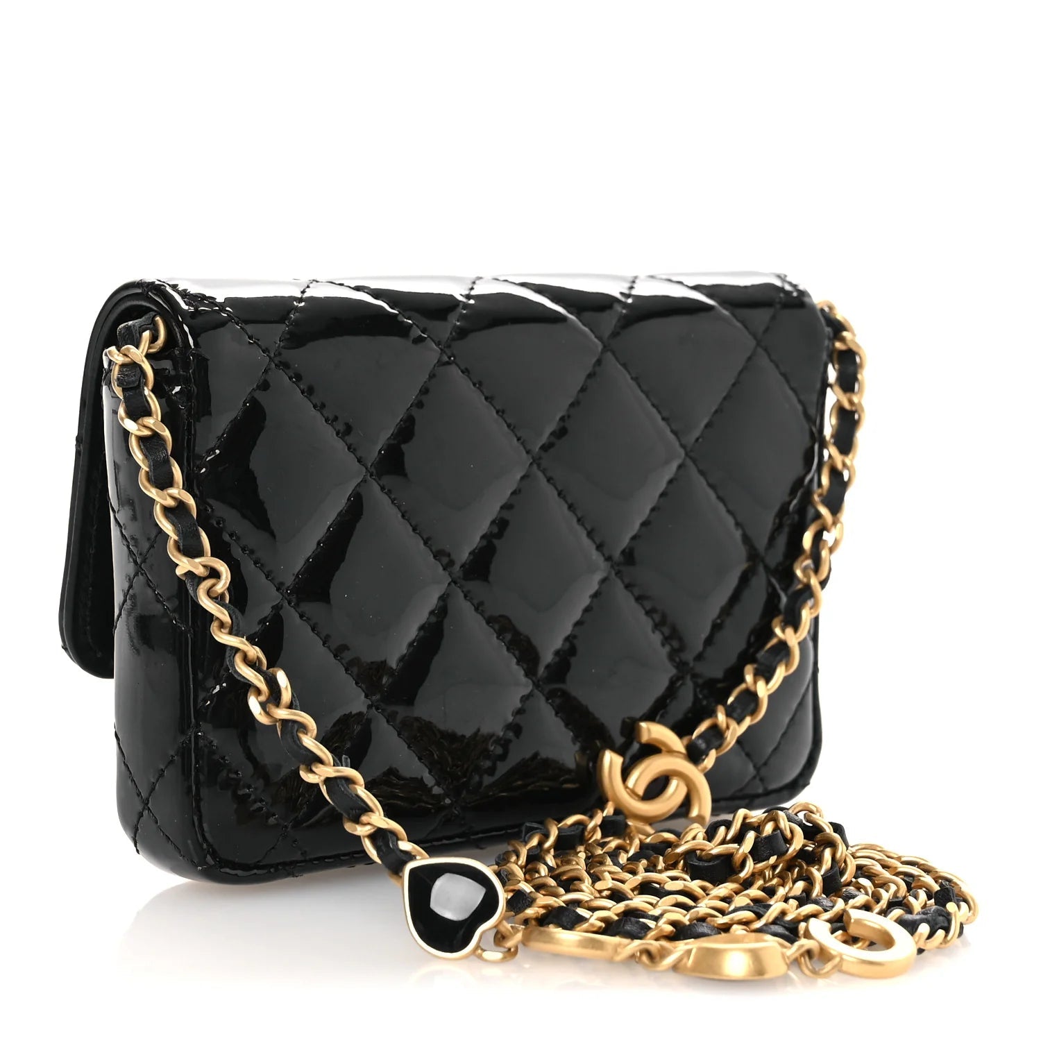 Patent Enamel Quilted Coco Hearts Clutch with Chain Black