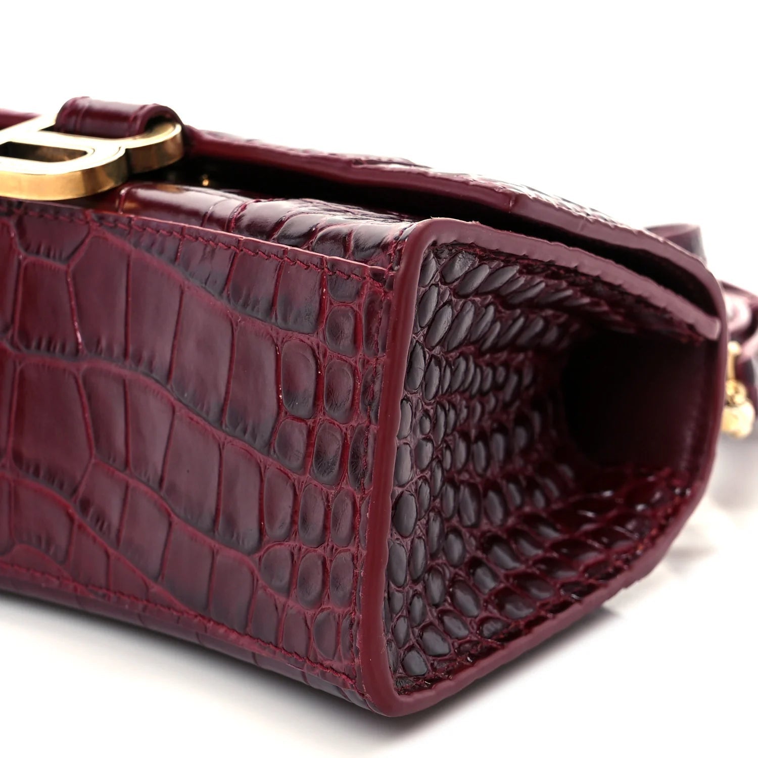 Shiny Calfskin Crocodile Embossed Hourglass Top Handle Bag XS Dark Red