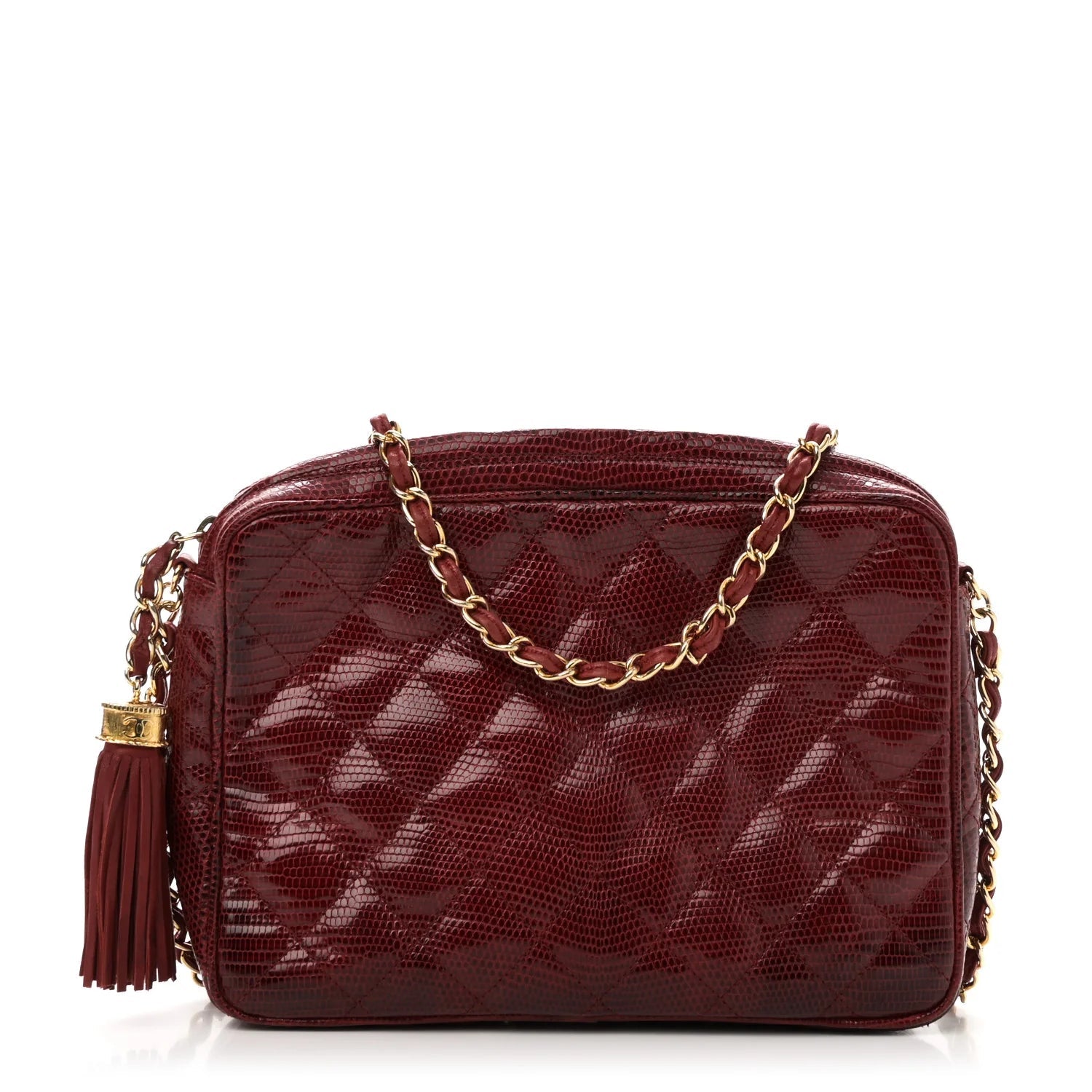 Lizard Quilted Small Tassel Camera Case Burgundy