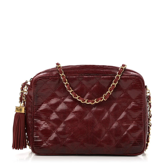 Lizard Quilted Small Tassel Camera Case Burgundy