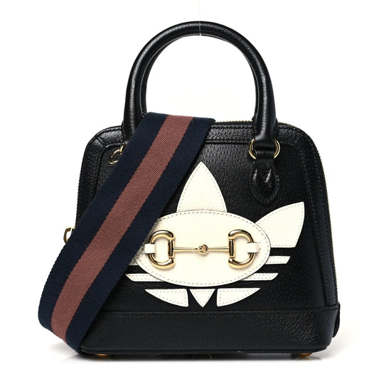 X adidas Textured Dollar Calfskin Web Trefoil Mini Horsebit 1955 Top Handle Bag Black off White