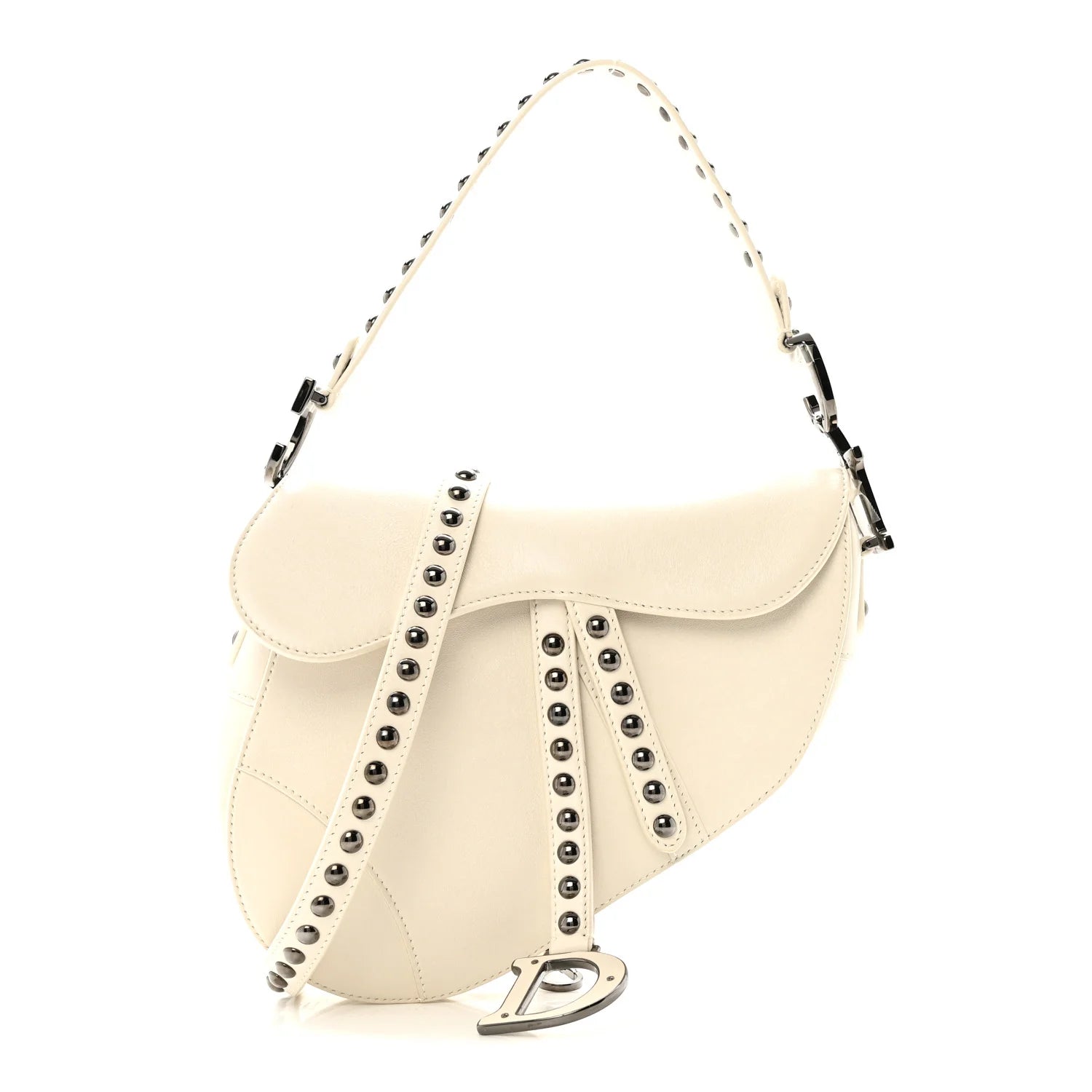 Crinkled Patent Lambskin Studded Saddle Bag with Strap Latte