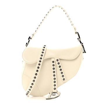 Crinkled Patent Lambskin Studded Saddle Bag with Strap Latte