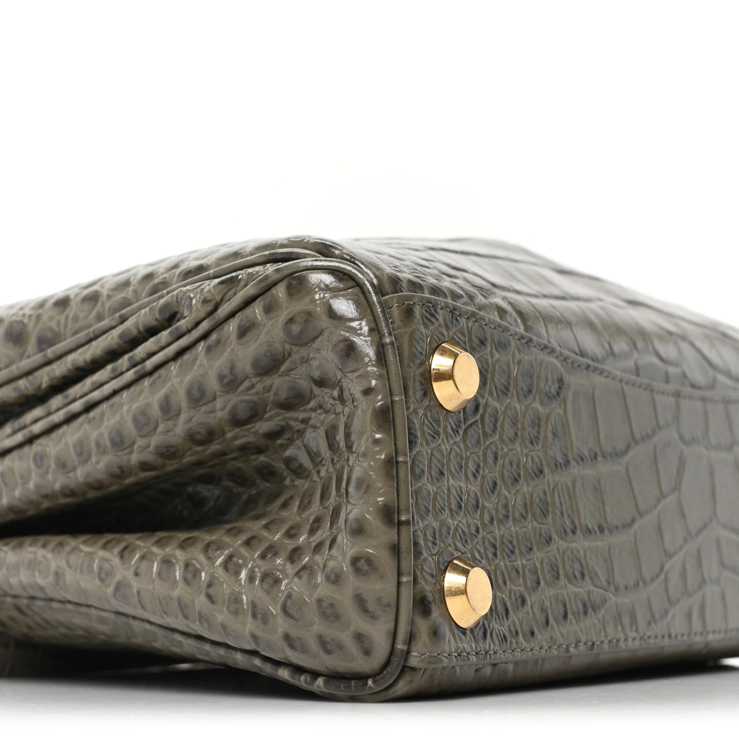 Shiny Calfskin Crocodile Embossed Small Rodeo Top Handle Handbag Army Green