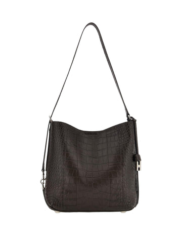 HOCKET SMALL HOBO BAG in CROCODILE-PRINT LEATHER, BLACK, VERSATILE ADJUSTABLE SHOULDER STRAP, MAGNETIC BUTTON CLOSURE,  LOGO EMBOSSED on the FRONT.