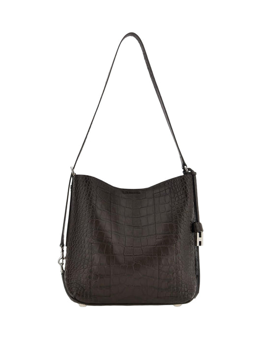 HOCKET SMALL HOBO BAG in CROCODILE-PRINT LEATHER, BLACK, VERSATILE ADJUSTABLE SHOULDER STRAP, MAGNETIC BUTTON CLOSURE,  LOGO EMBOSSED on the FRONT.