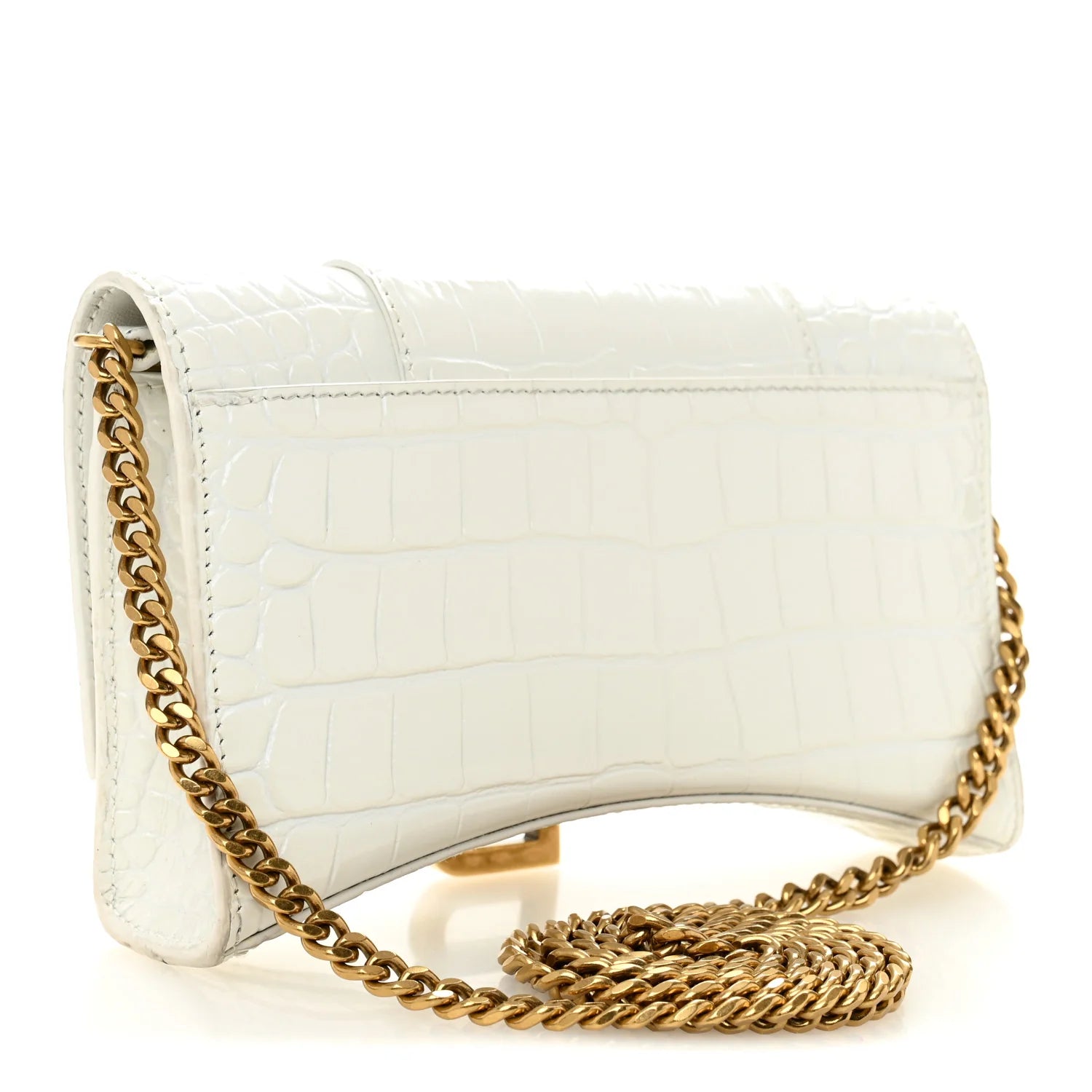 Shiny Calfskin Crocodile Embossed Hourglass Chain Bag White