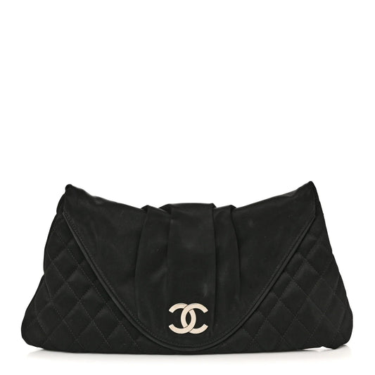 Satin Quilted Flap Clutch Black