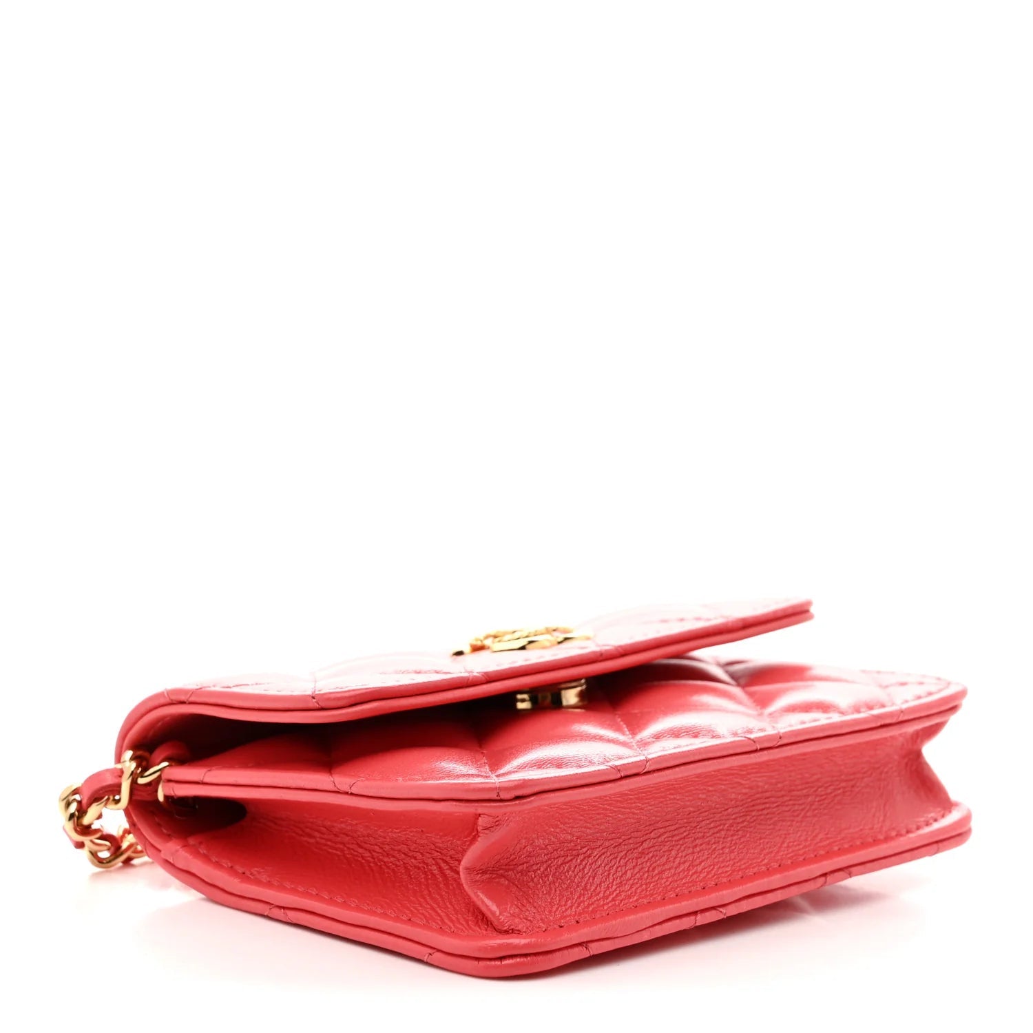 Shiny Lambskin Quilted Card Holder on Chain Pink