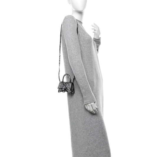 Shiny Calfskin Snakeskin Effect Hourglass Top Handle Bag Mini Silver Black