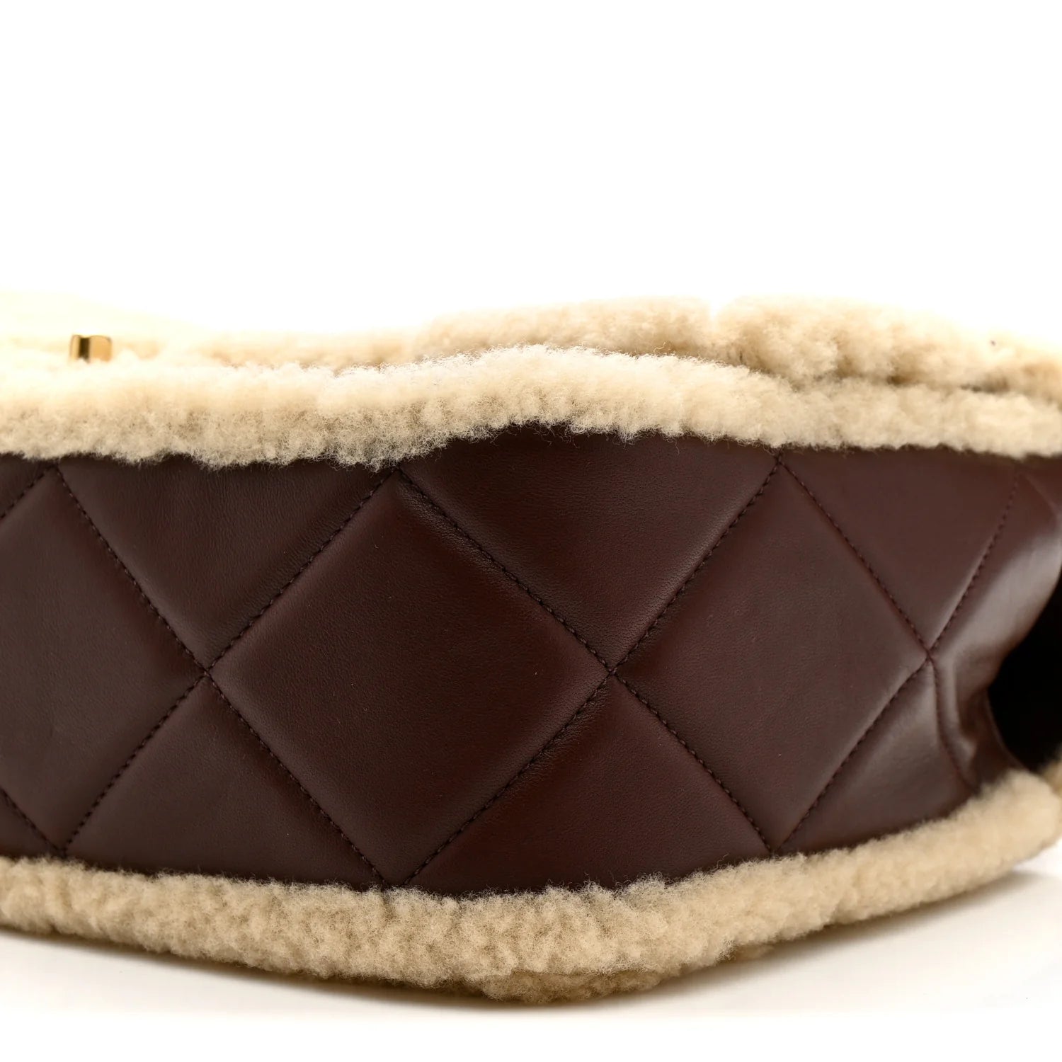 Shearling Lambskin Quilted Large Furry Coco Flap Beige Brown