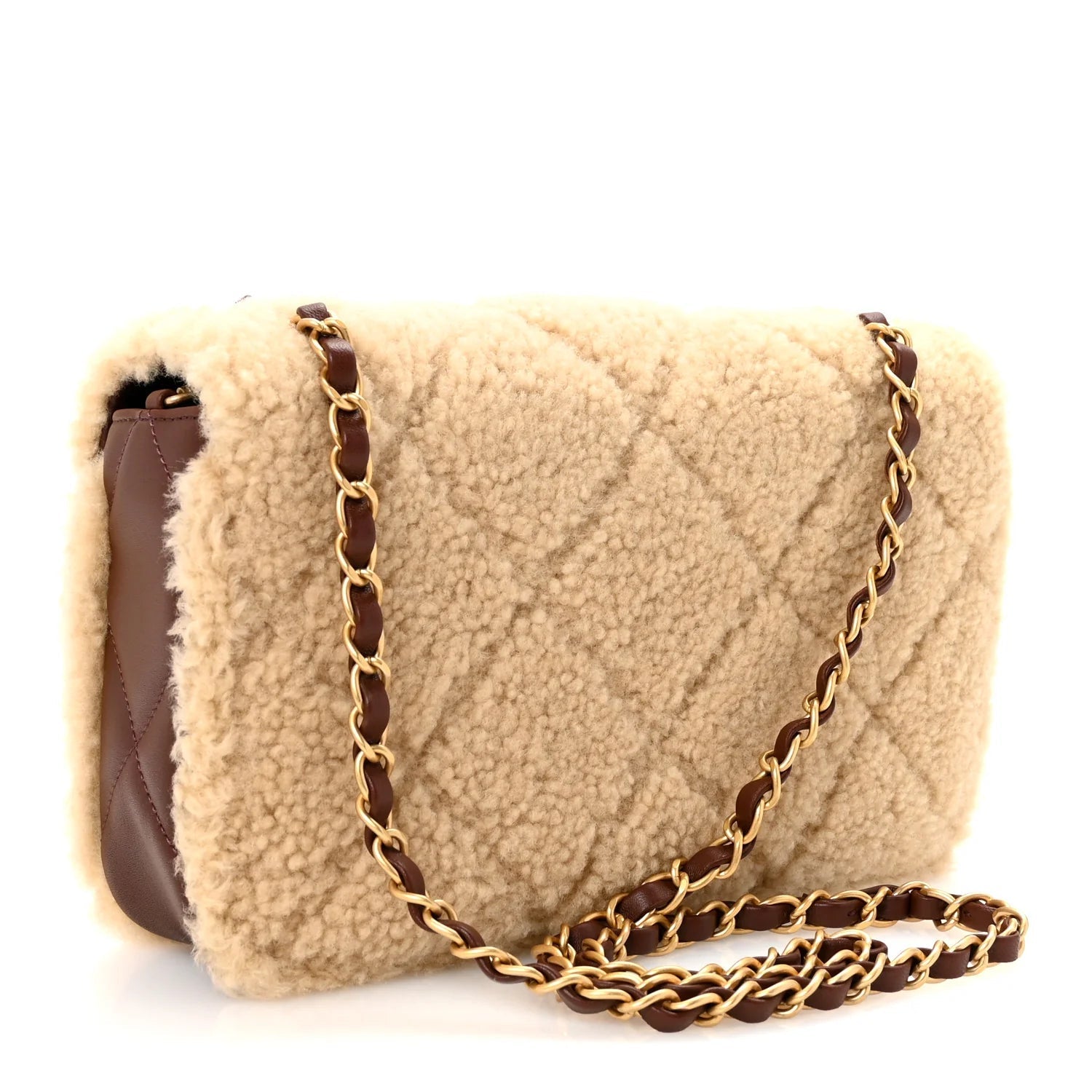 Shearling Lambskin Quilted Furry Coco Flap Dark Brown Beige