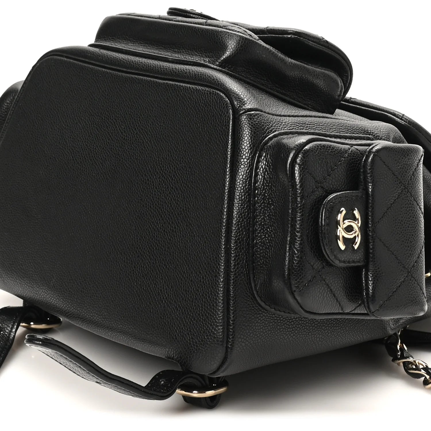 Shiny Caviar Quilted Small Pockets Drawstring Backpack Black