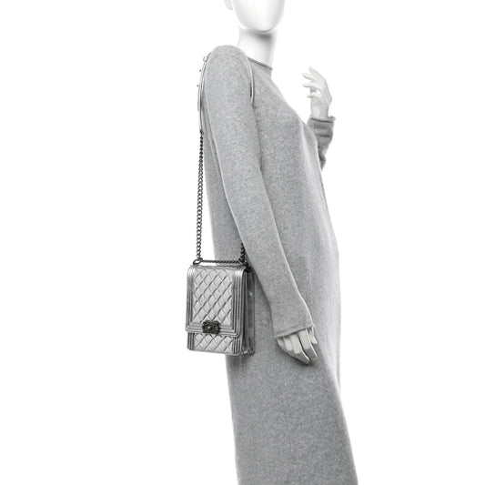 Metallic Goatskin Quilted North South Boy Flap Silver