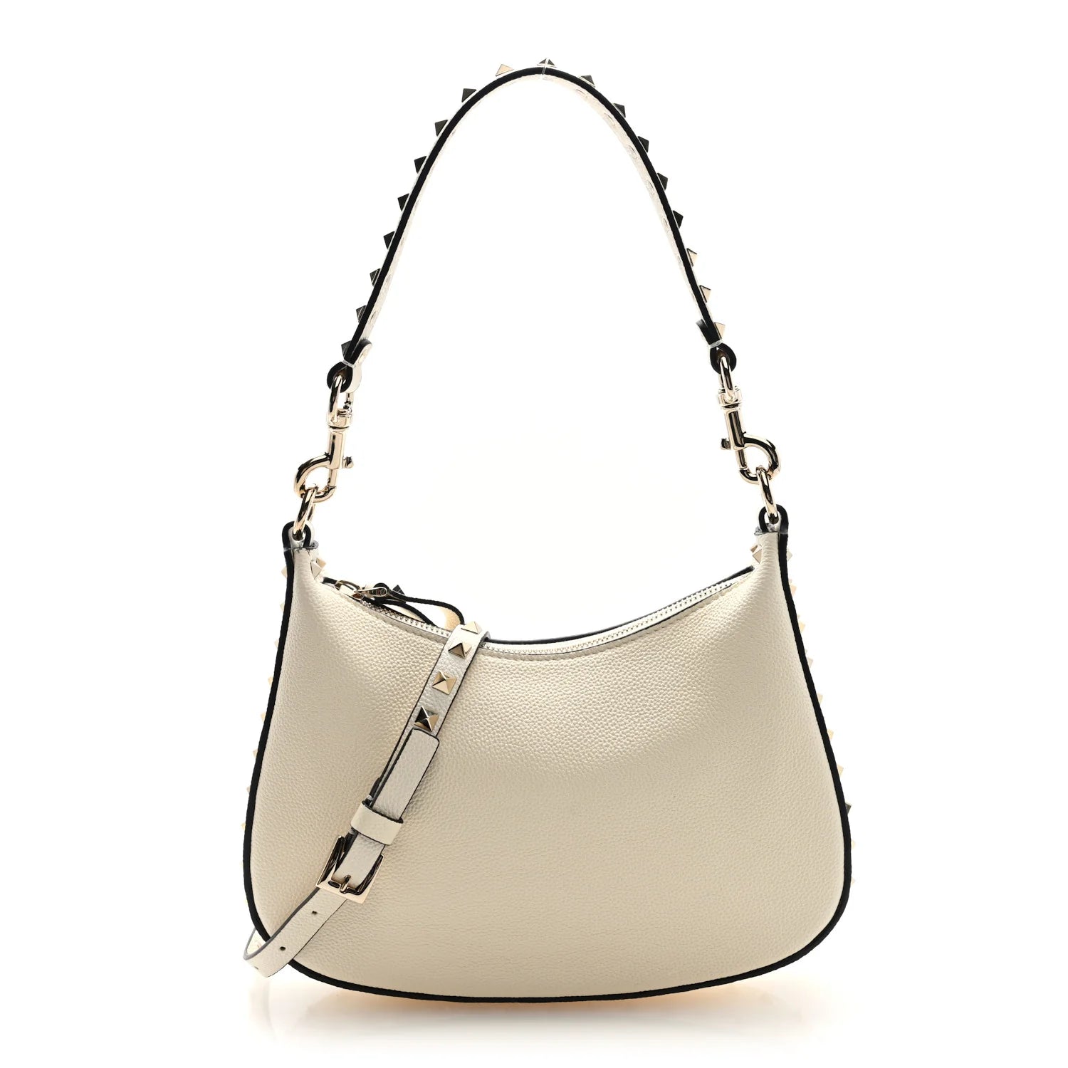 Pebbled Calfskin Small Rockstud Hobo Bag Ivory