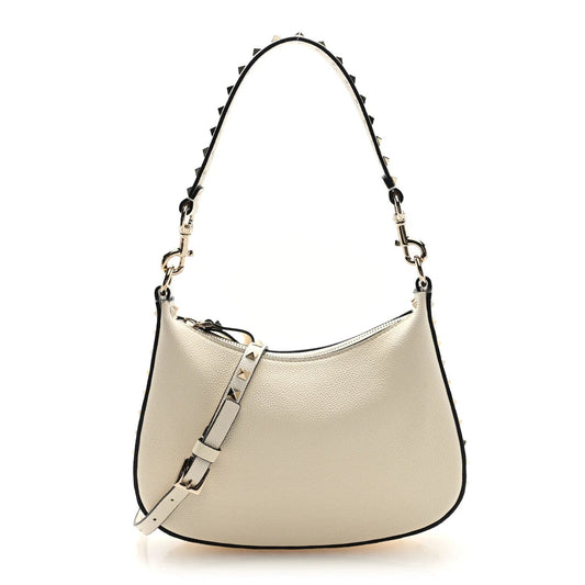 Pebbled Calfskin Small Rockstud Hobo Bag Ivory
