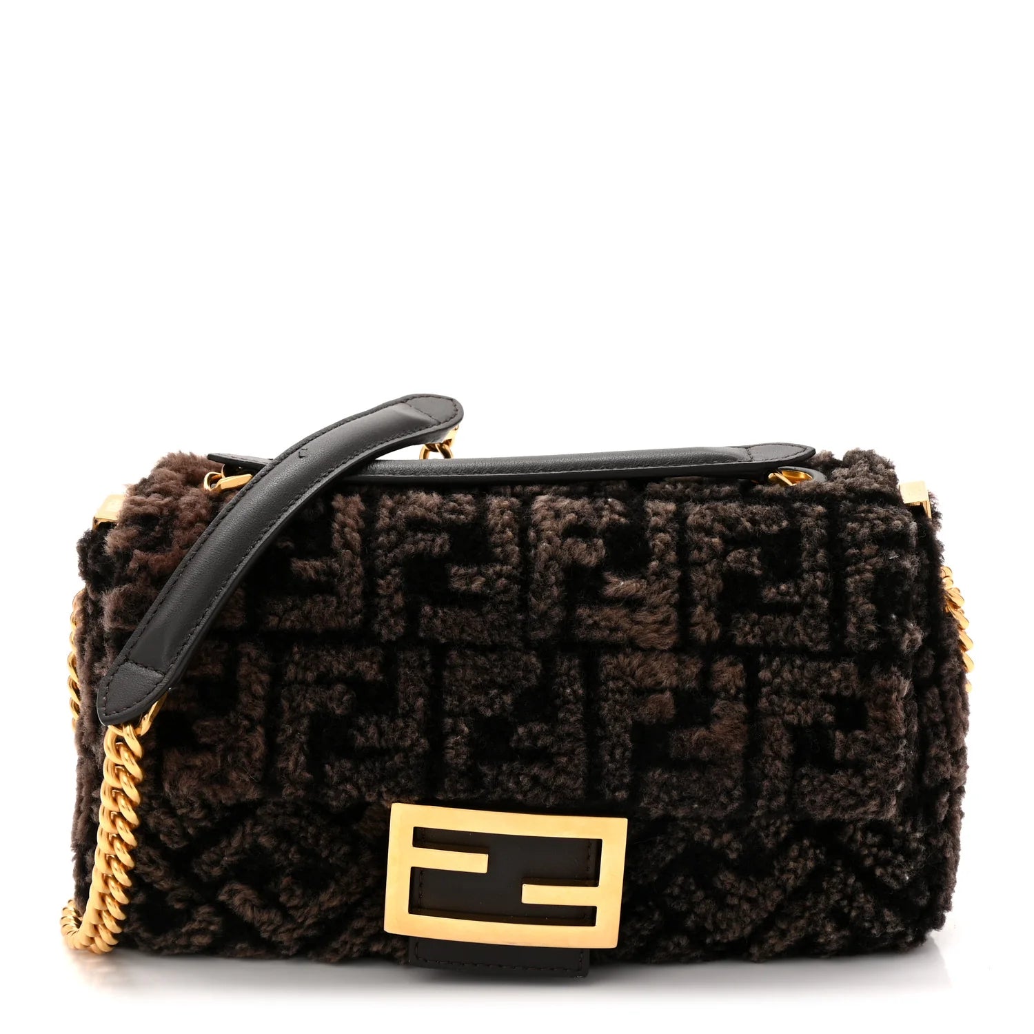 Shearling FF Midi Chain Baguette Ebano