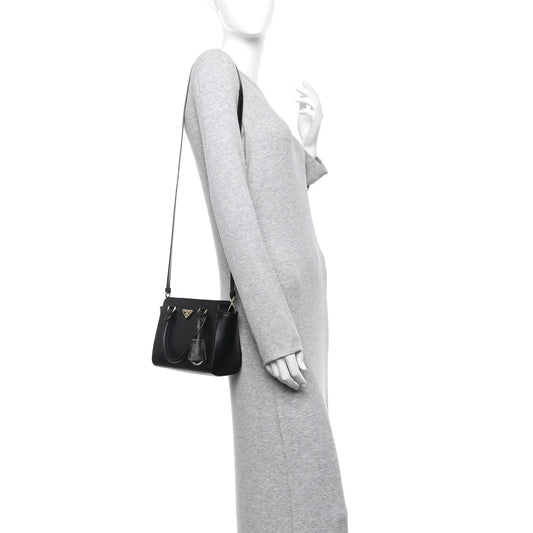 Saffiano Soft Calfskin Mini Zippered Crossbody Tote Black