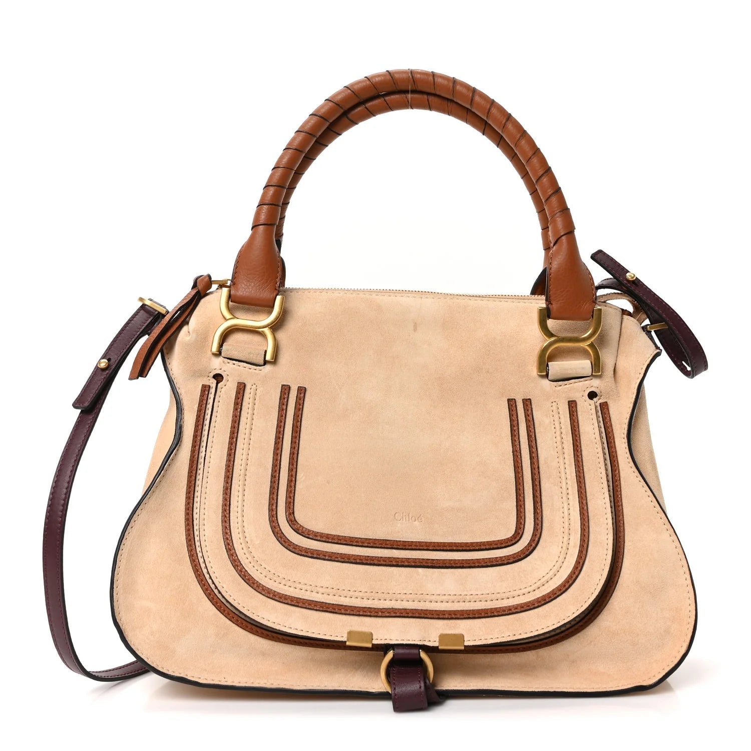 Suede Calfskin Braided Medium Marcie Double Carry Beige