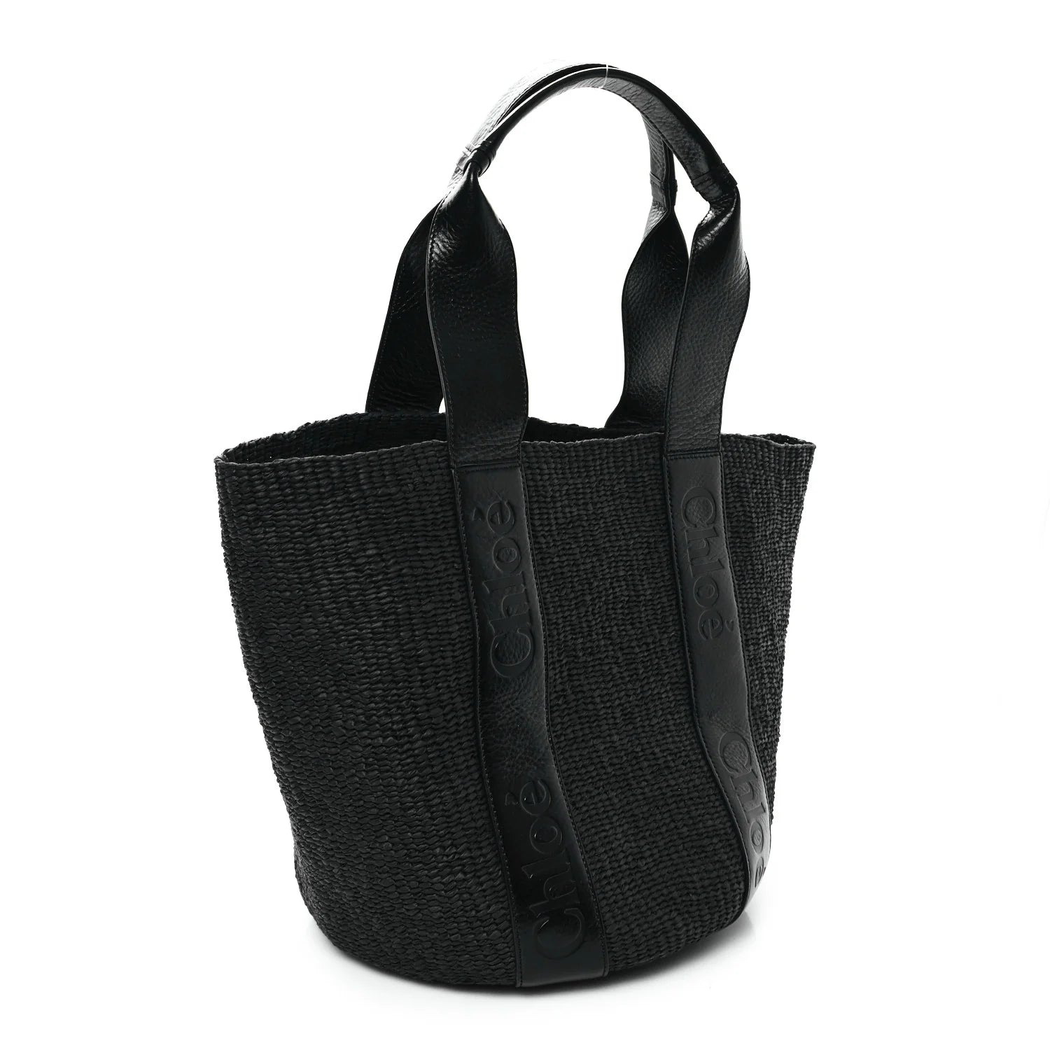 Raffia Calfskin Large Woody Basket Bag Black