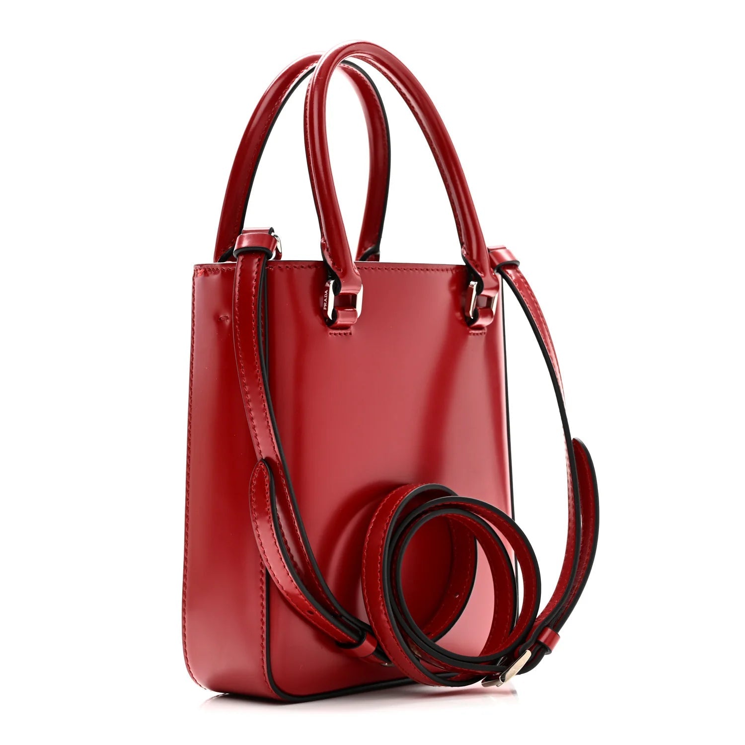 Spazzolato Metal Triangle Logo Small Double Handle Crossbody Tote Scarlatto