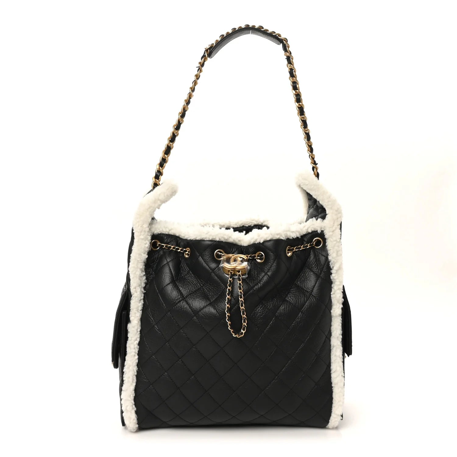 Crumpled Sheepskin Shearling Quilted Medium  25 Handbag Black White