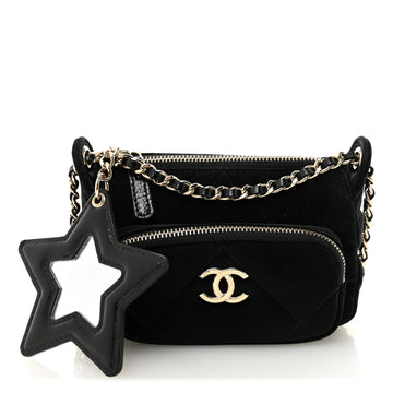 Velvet Effect Nylon Shiny Crumpled Calfskin Mini Quilted  25 Clutch with Chain Black