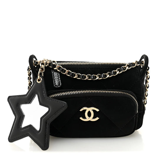 Velvet Effect Nylon Shiny Crumpled Calfskin Mini Quilted  25 Clutch with Chain Black