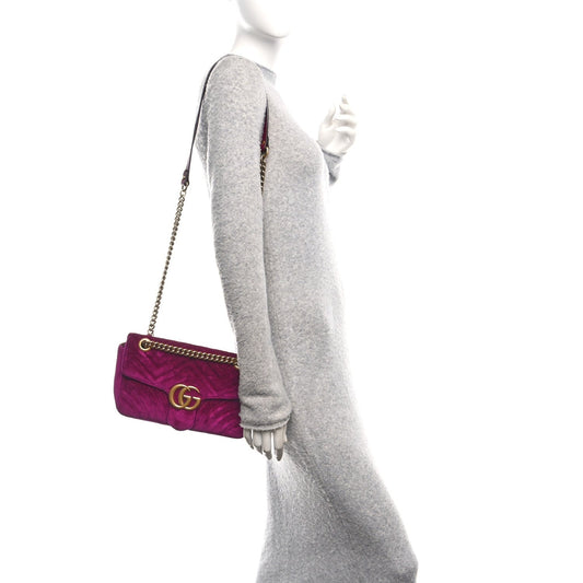 Velvet Matelasse Small GG Marmont Shoulder Bag Fuchsia Violet Cyclamen