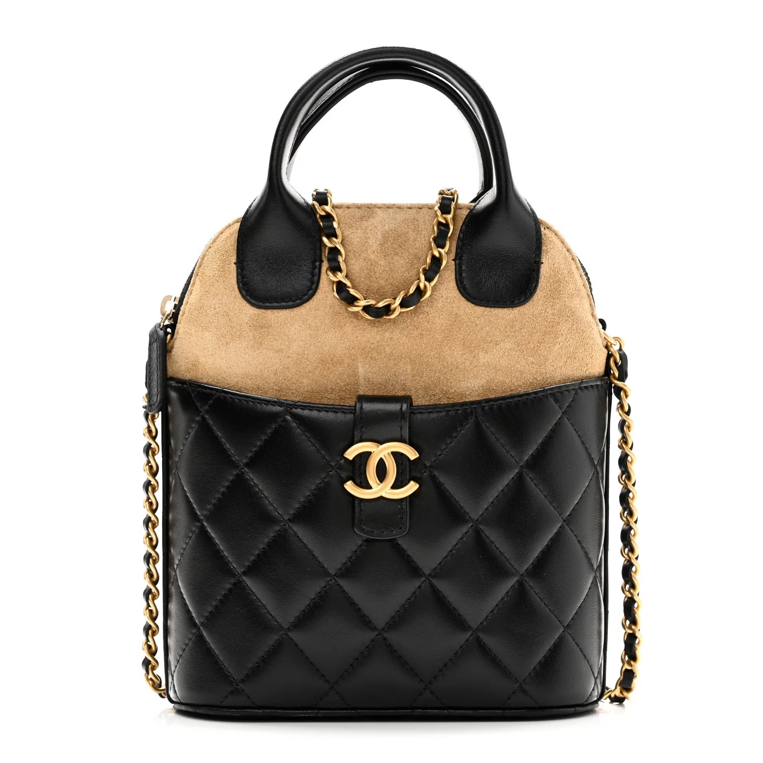 Suede Shiny Lambskin Quilted Top Handle Clutch with Chain Black Beige