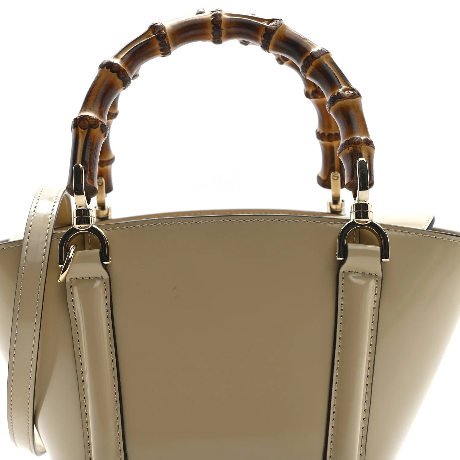 Shiny Calfskin Mini Bamboo Top Handle Tote Bag Beige