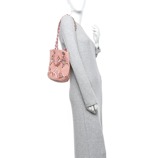 Raffia Effect Braided Small Shopping Bag Beige Pink