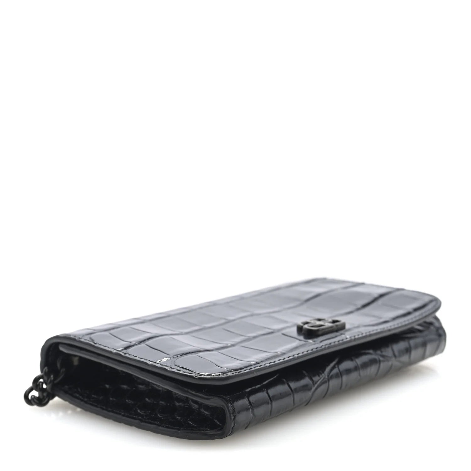 Shiny Calfskin Crocodile Embossed BB Phone Holder Wallet on Chain Black