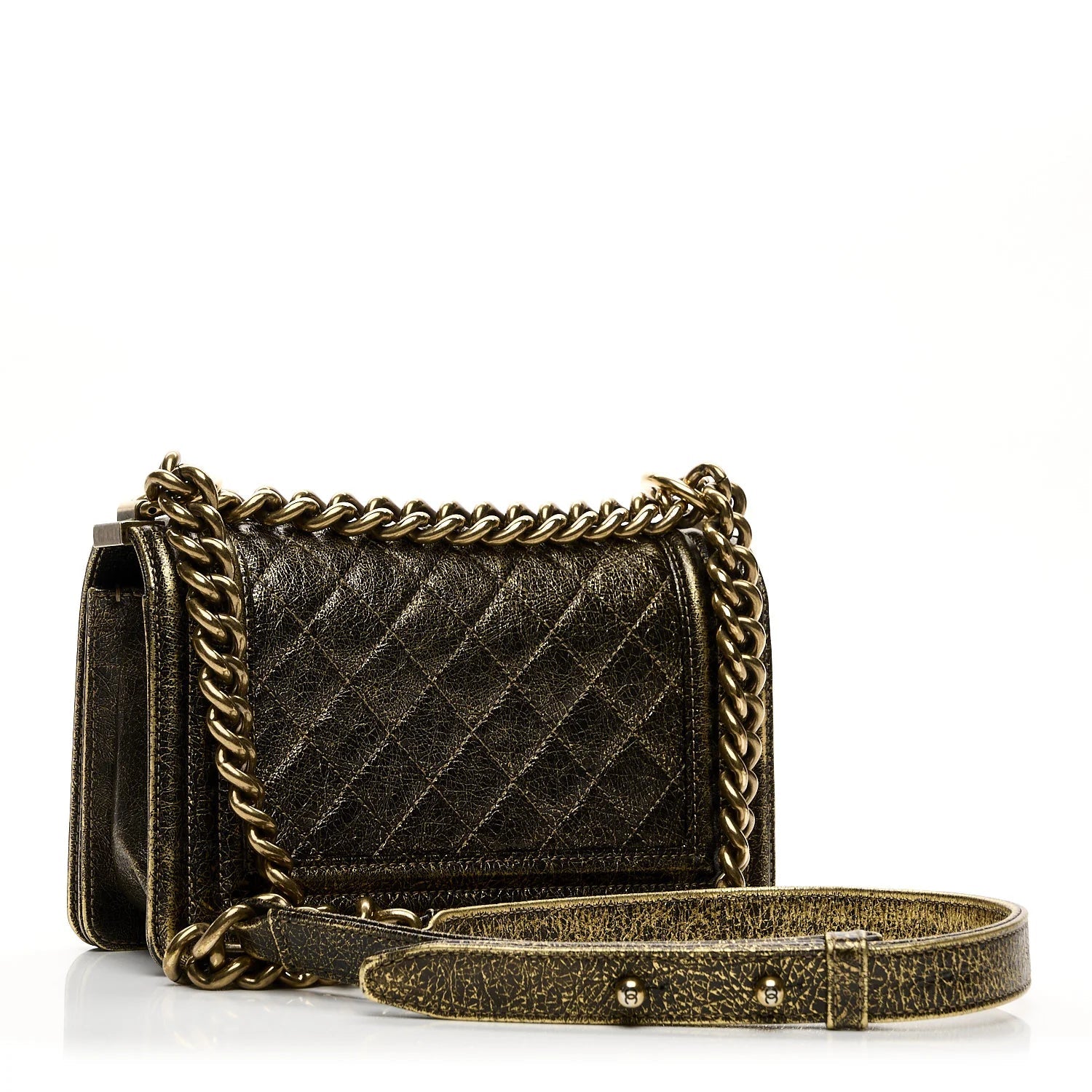 Cracked Metallic Calfskin Quilted Small Boy Flap Gold