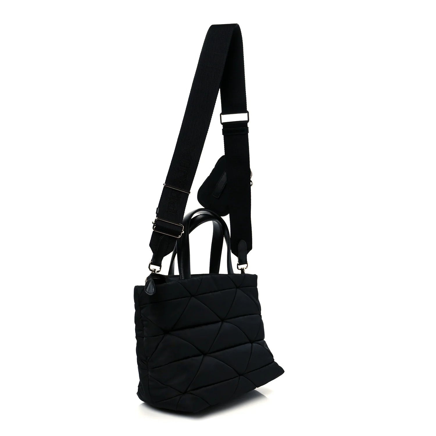 Re-Nylon Nappa Triangle Quilted Padded Double Handled Zip Pocket Tote Black