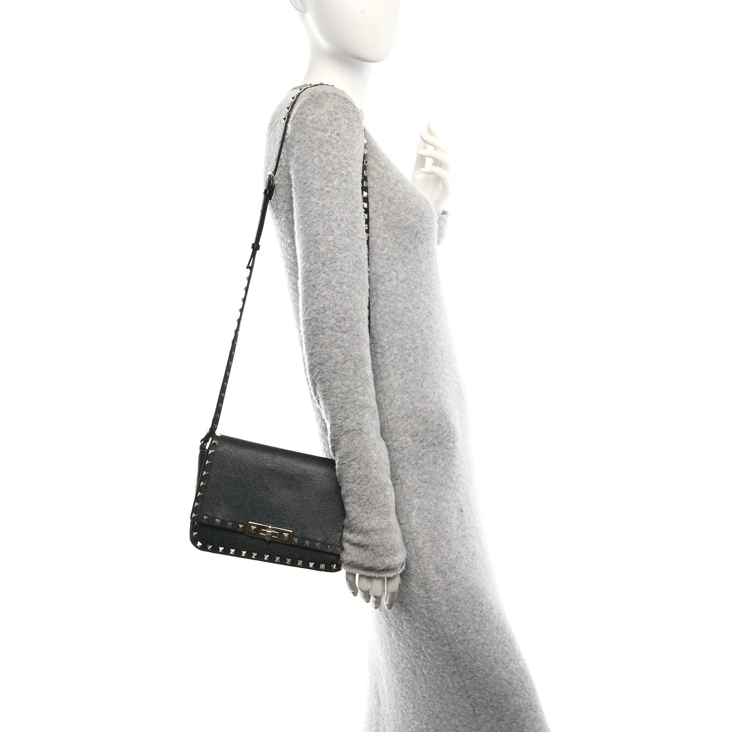 Pebbled Calfskin Small Rockstud Crossbody Flap Bag Black