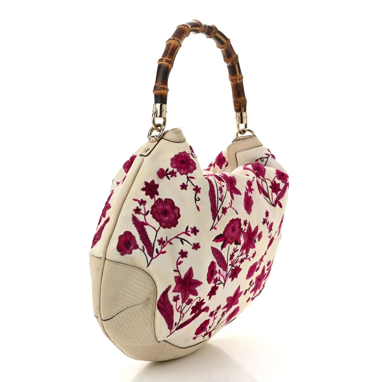 Lizard Canvas Embroidered Peggy Bamboo Top Handle Hobo White Pink