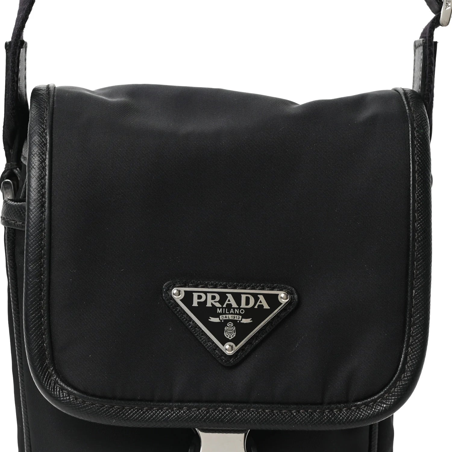 Re-Nylon Saffiano Mini Pocket Single Snap Buckle Messenger Bag Black