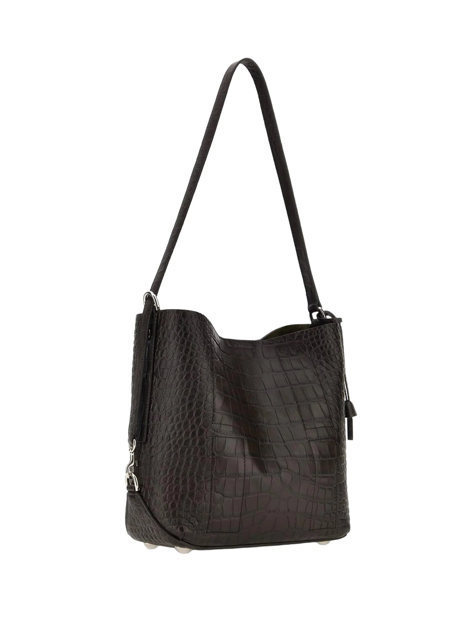 HOCKET SMALL HOBO BAG in CROCODILE-PRINT LEATHER, BLACK, VERSATILE ADJUSTABLE SHOULDER STRAP, MAGNETIC BUTTON CLOSURE,  LOGO EMBOSSED on the FRONT.