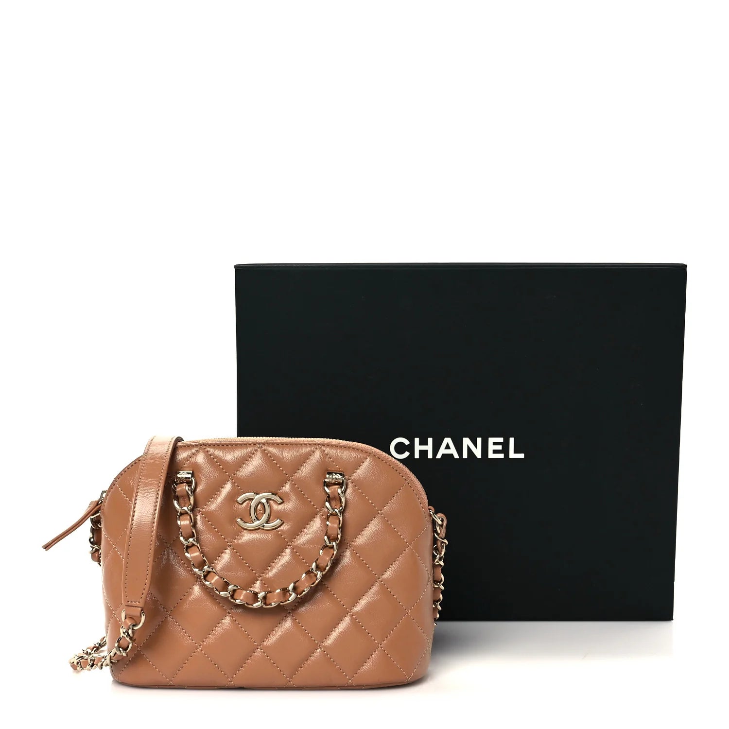 Shiny Lambskin Quilted Shiny Coco Clutch with Chain Dark Beige