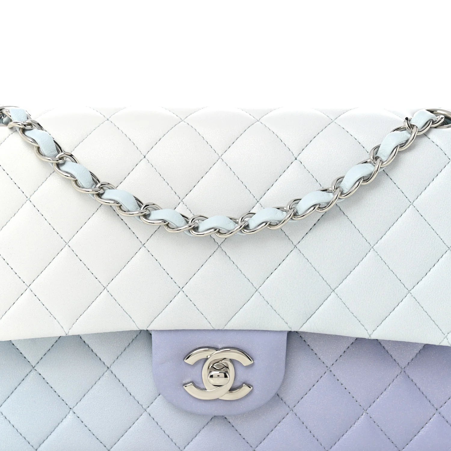 Perforated Lambskin Quilted Medium Double Flap Light Blue Light Purple White