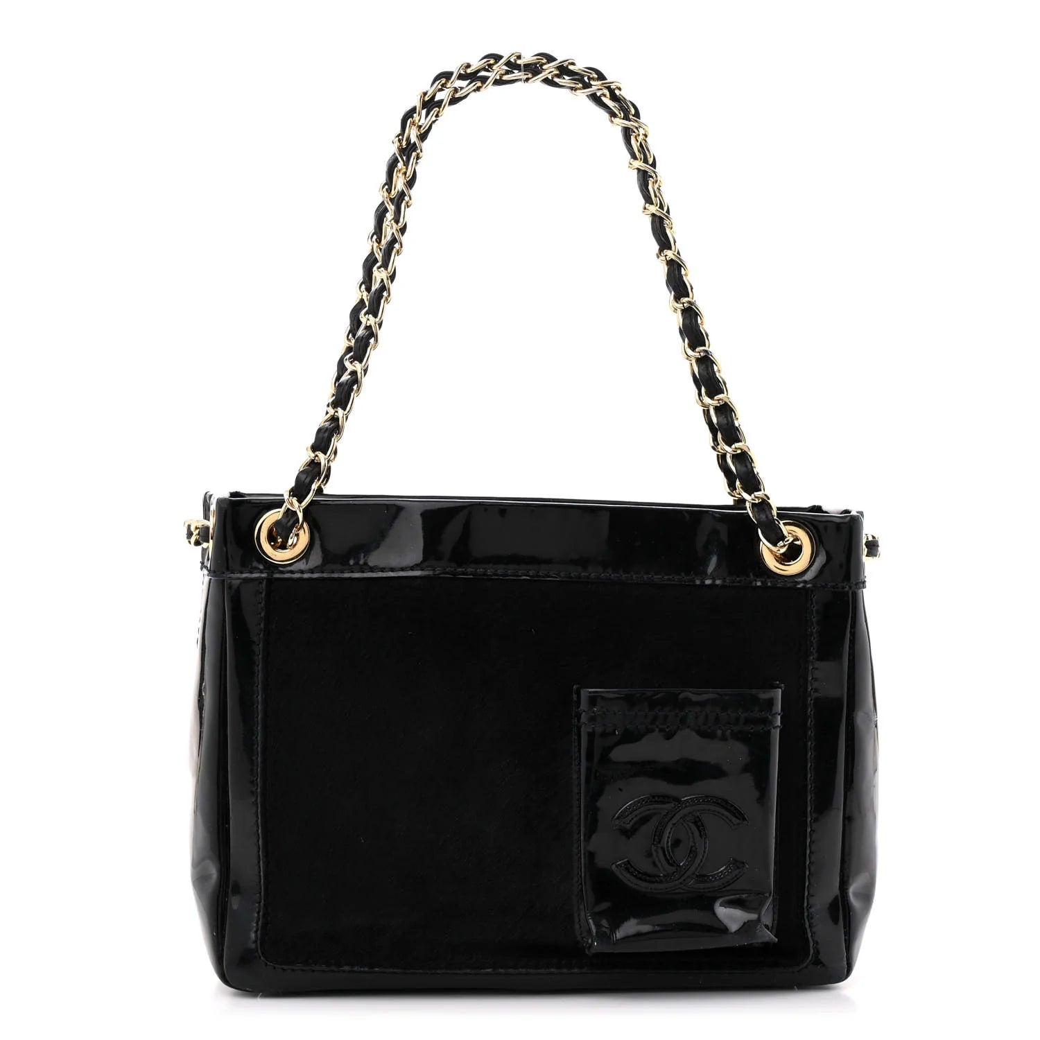 Patent Pony Hair Small Pocket Tote Black