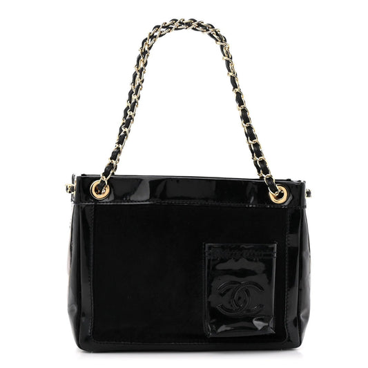 Patent Pony Hair Small Pocket Tote Black