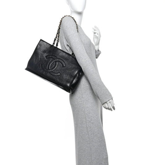 Shiny Aged Calfskin Shopping Bag Black