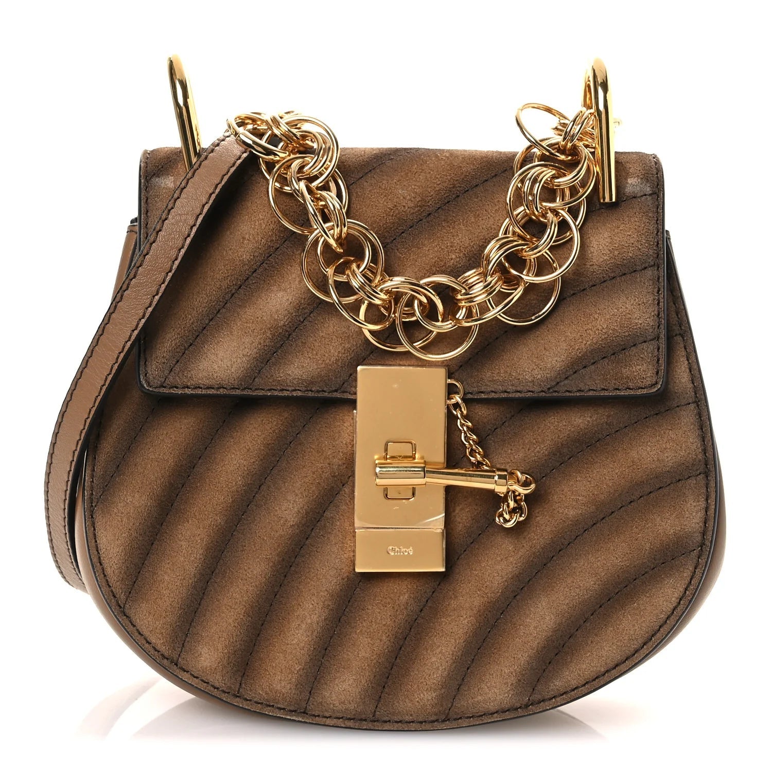 Suede Calfskin Quilted Drew Bijou Shoulder Bag Nut