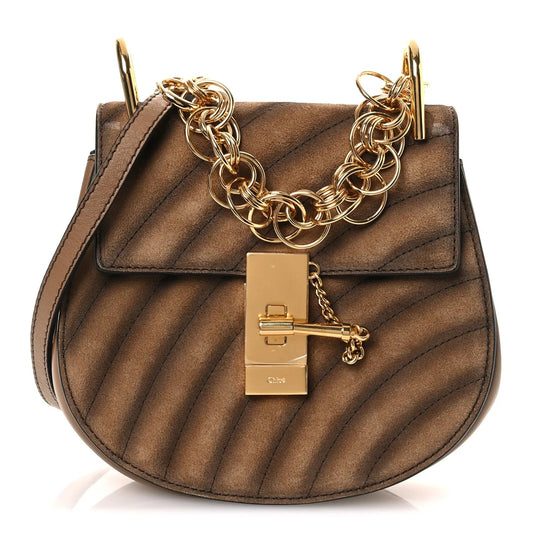 Suede Calfskin Quilted Drew Bijou Shoulder Bag Nut