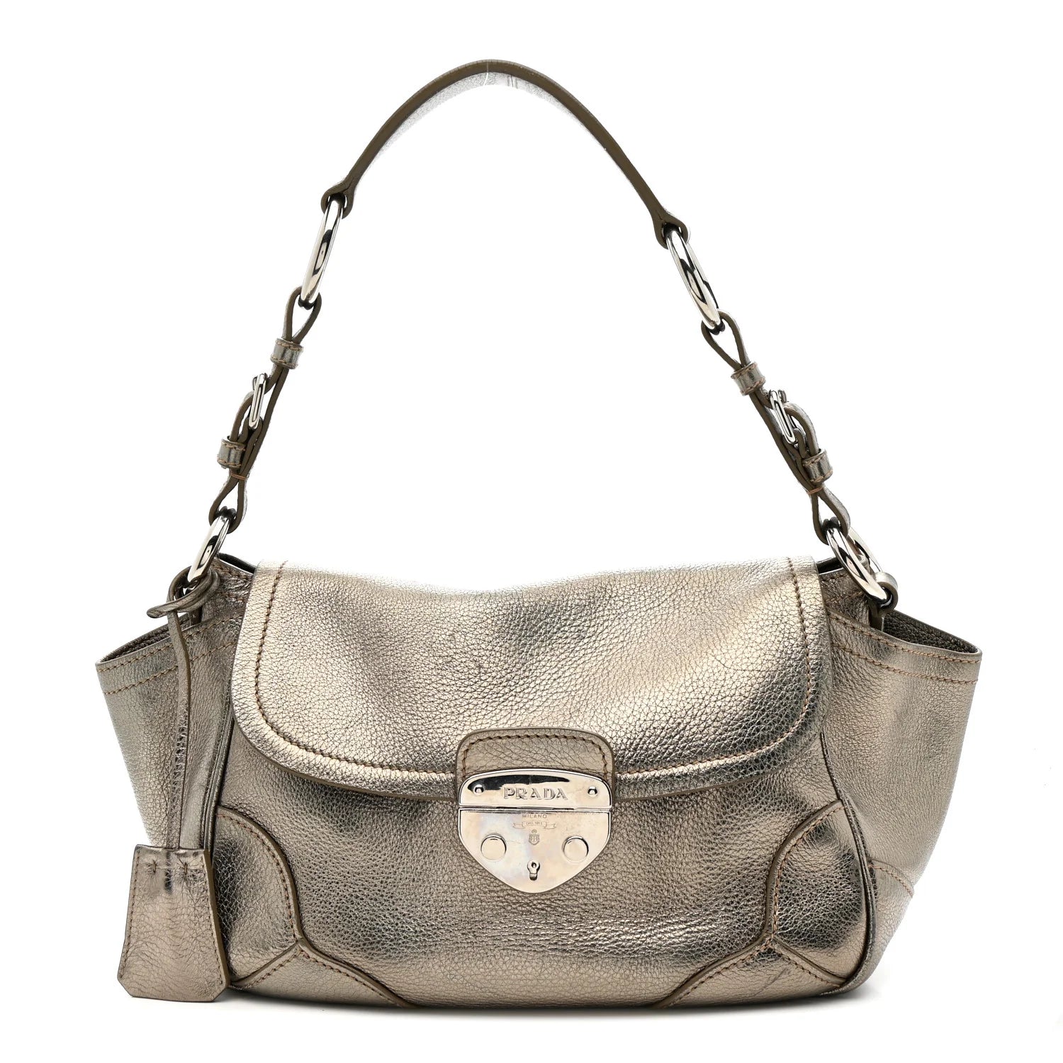 Metallic Vitello Daino Pushlock Shoulder Bag Peltro